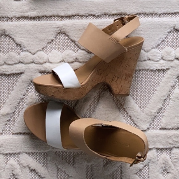 Franco Sarto | Nude White Strap Cork Wedge Heels - Picture 2 of 2